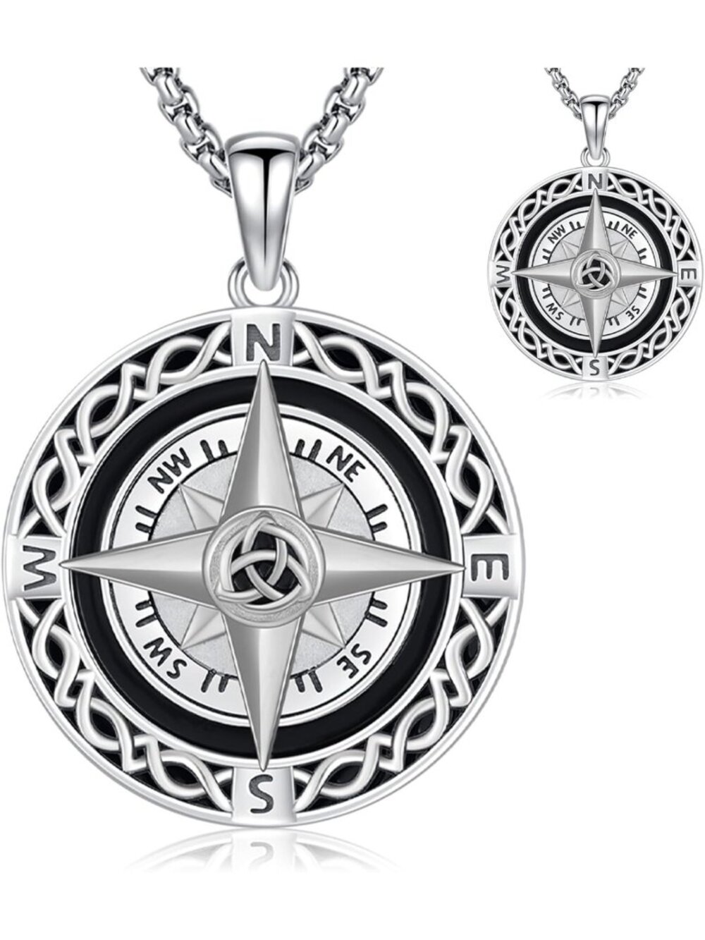 Celtic Knot Compass Pendant Necklace, 925 Sterling Silver Charm, Travel Jewelry